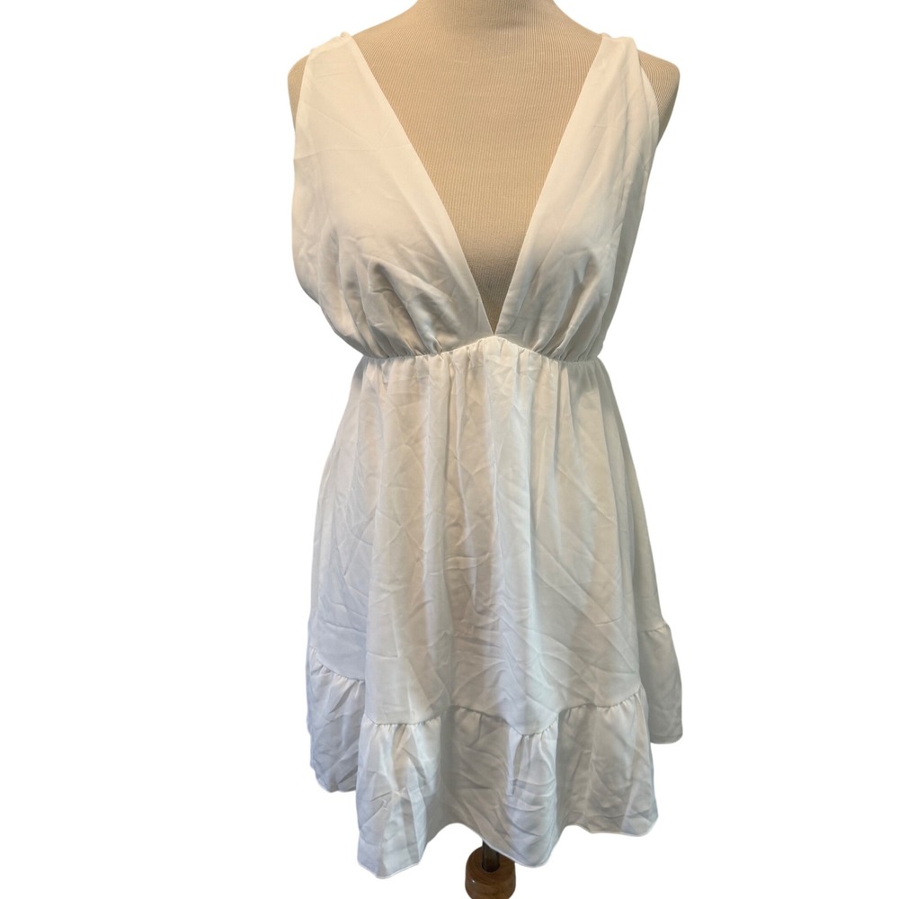 White Mini‎ Dress V Neck Sleeveless Tie Back Ruffle Hem Summer Party